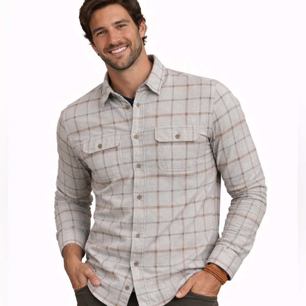 Faherty Brand Plaid Button-Up Shirt in Cream and Brown